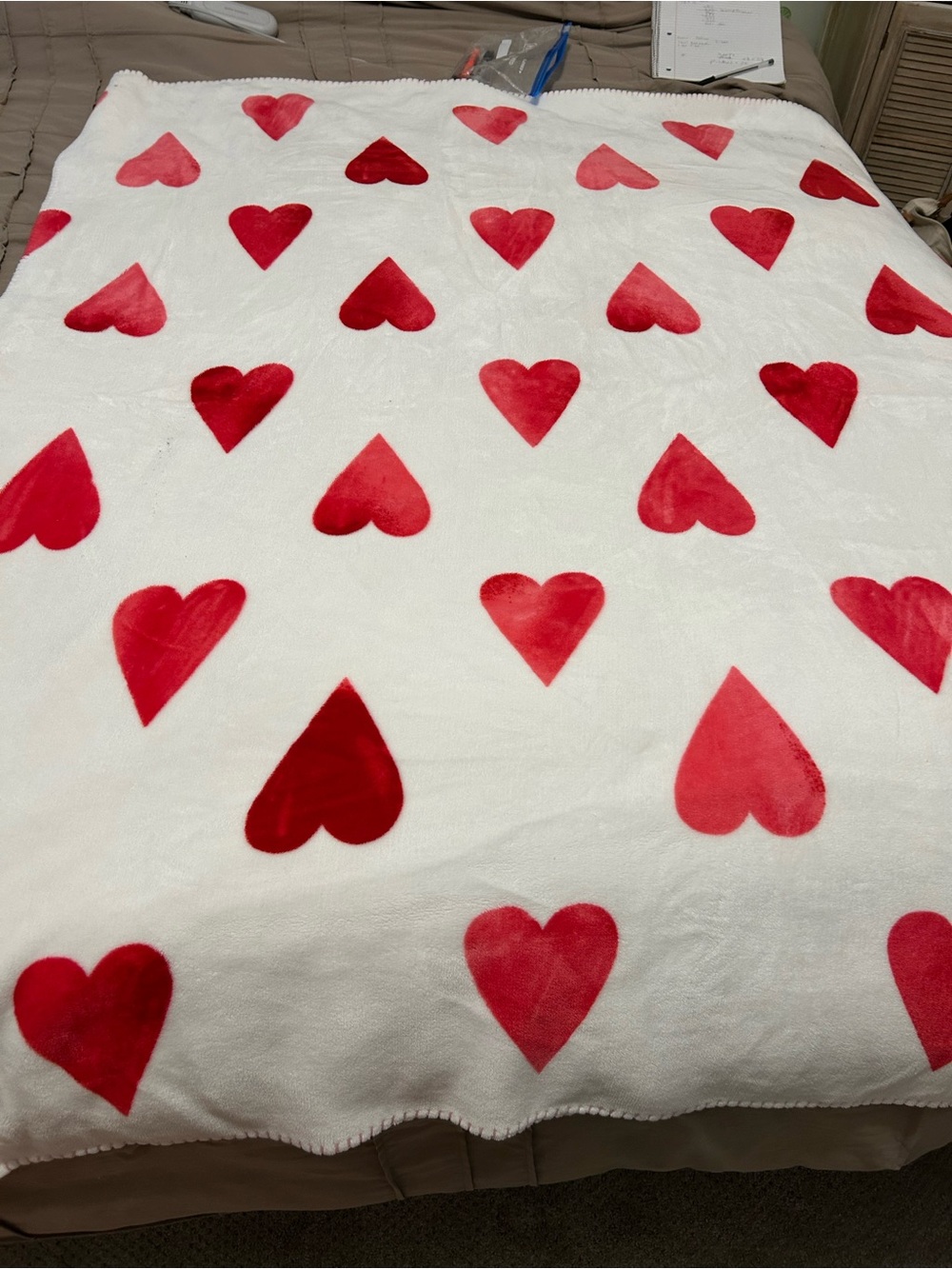 PINK Victoria's Secret White Blanket with Red Heart Print